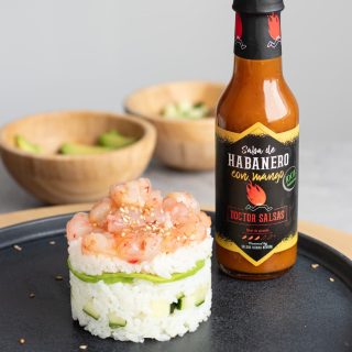 Timbal de sushi con gambas y salsa de Habanero Mango